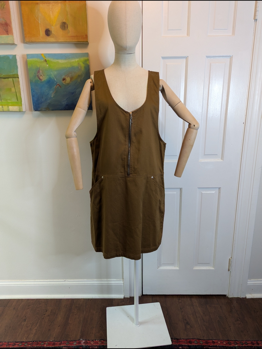 Vintage Cargo Casual Zip-Front Sleeveless Pinafore Dress in Olive Brown